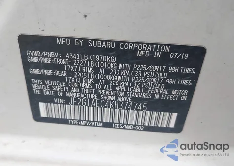 2019 Subaru Crosstrek 2.0I Premium из США, поврежденный, VIN JF2GTAEC4KH374745